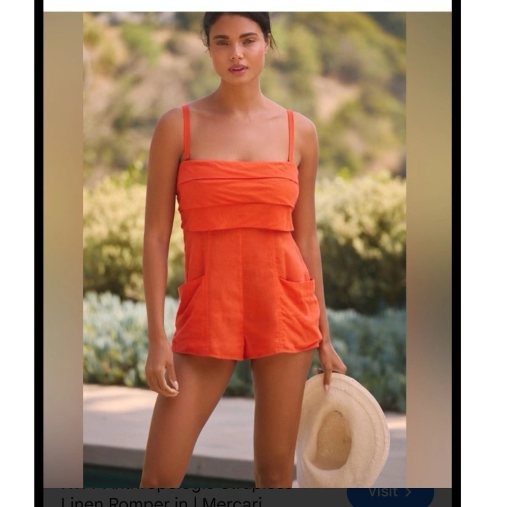 Anthropologie Orange Linen Blend Ruffle Smocked Romper with Pockets Size S